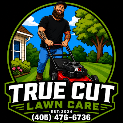 Sabe, owner of TrueCut LawnCare LLC, mowing a lawn in Oklahoma City