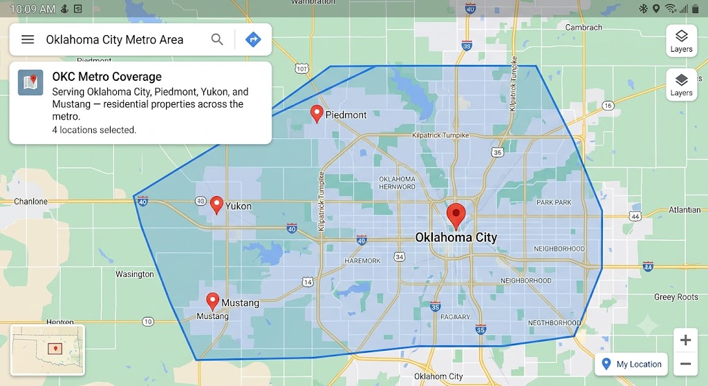OKC metro service area map — Oklahoma City, Piedmont, Yukon, Mustang